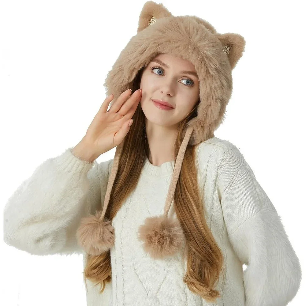 Women Khaki Solid Winter Peruvian Cover Ears Beanie Hat Ear Flaps Sherpa Snow